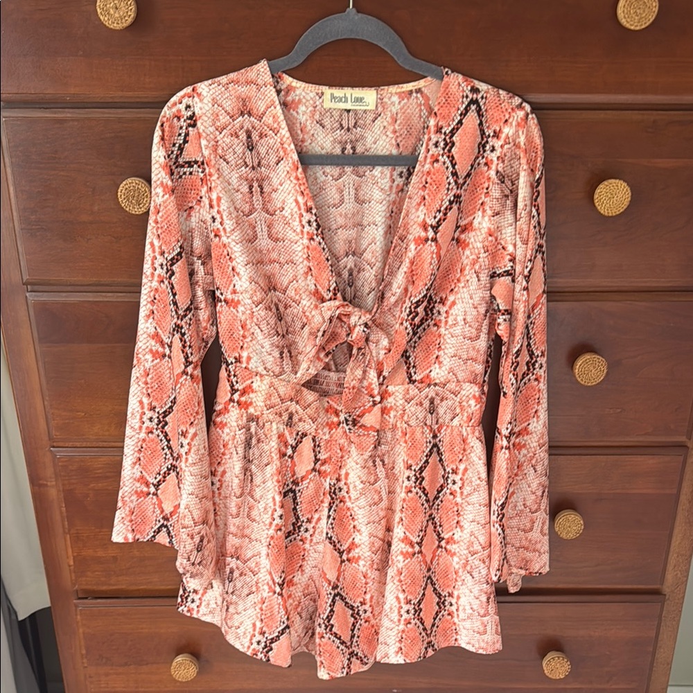 Peach Love California Pink Long Sleeve Tie Front Romper